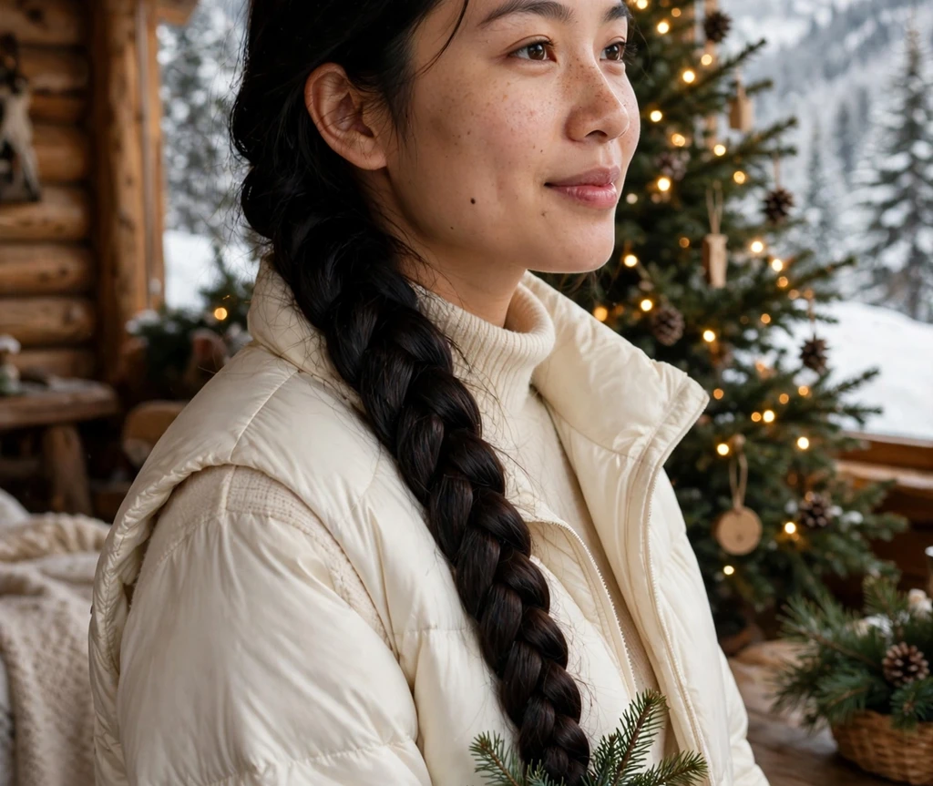 Long dark Dutch braid finished with an evergreen dark-green bow and pine sprigs