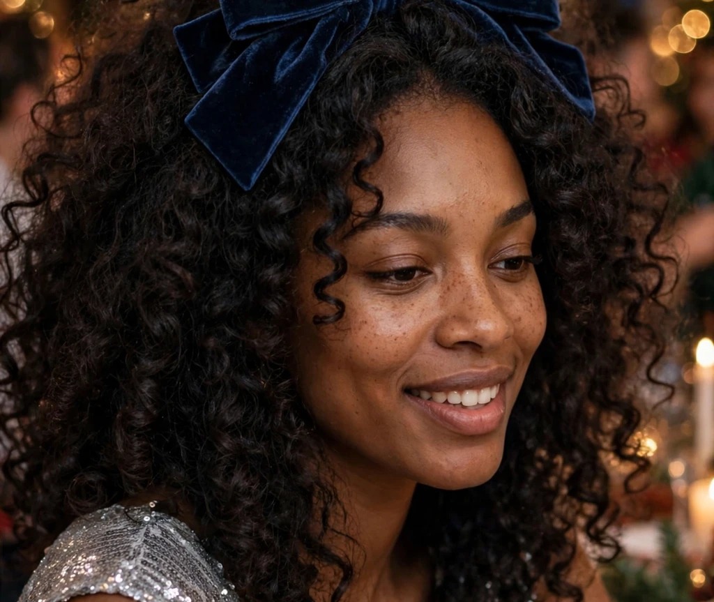 Glamorous voluminous curls topped with a midnight-blue velvet bow