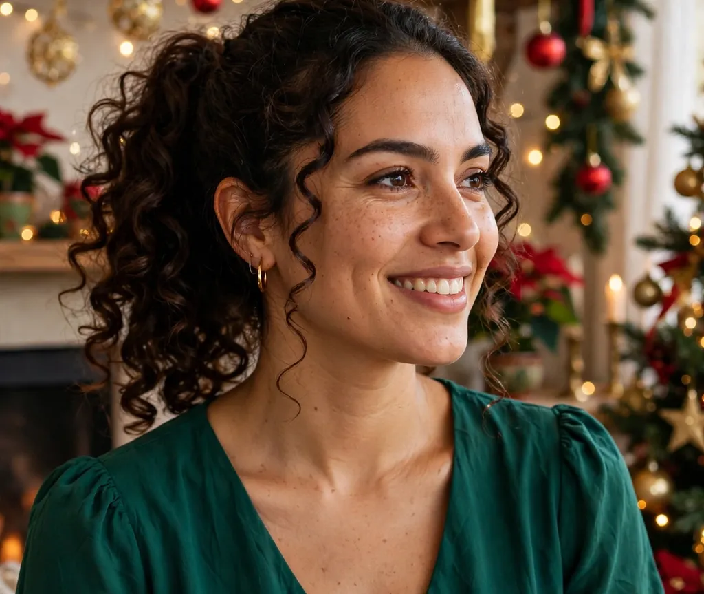 Bouncy curly ponytail hairstyle for Christmas party