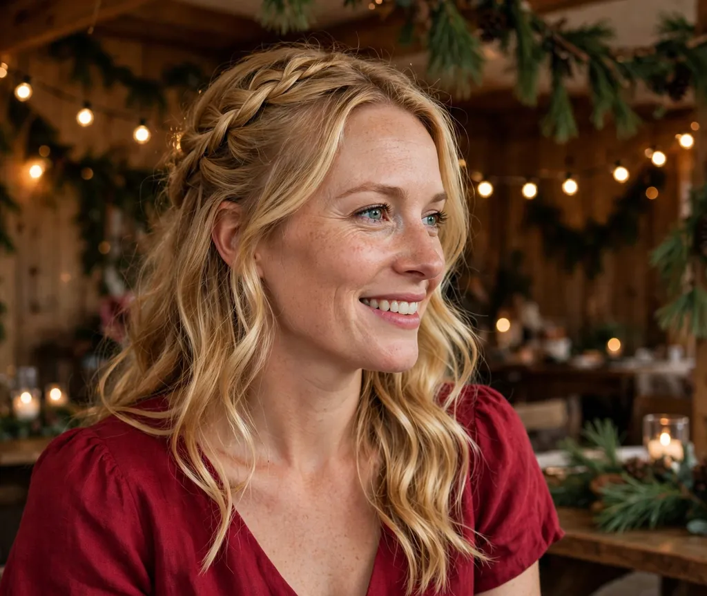 Braided half-up crown hairstyle for Christmas party