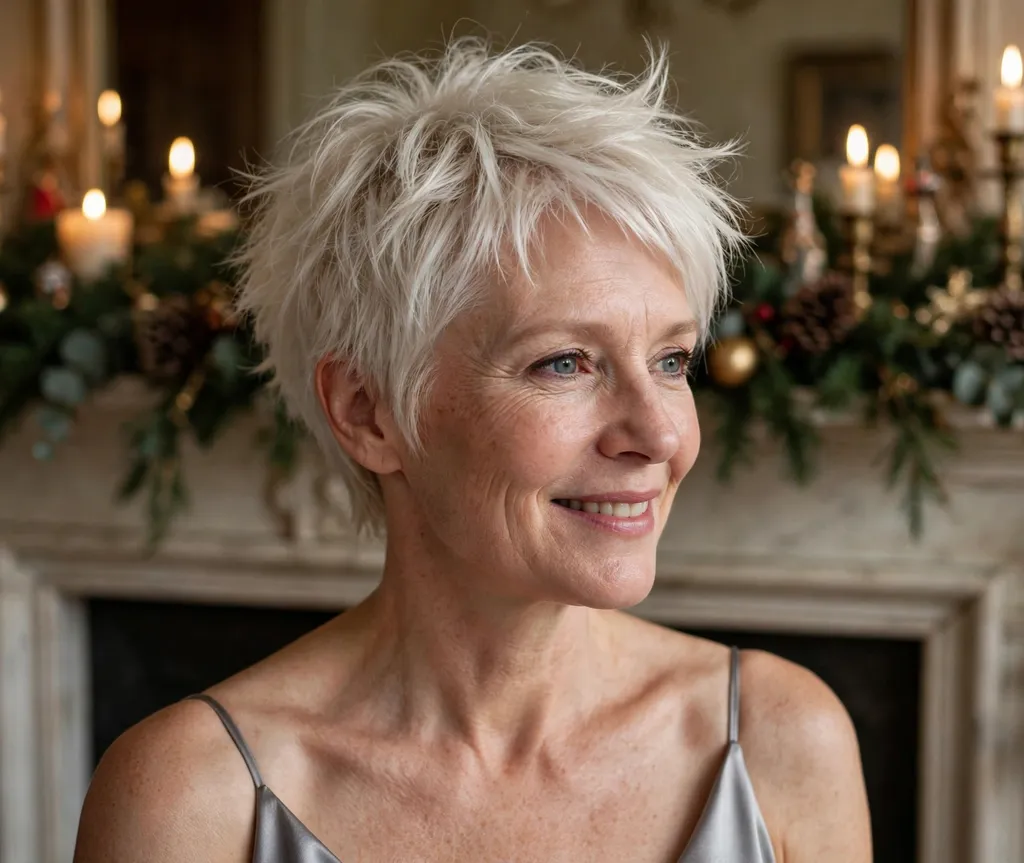 Tousled platinum pixie Christmas party hairstyle