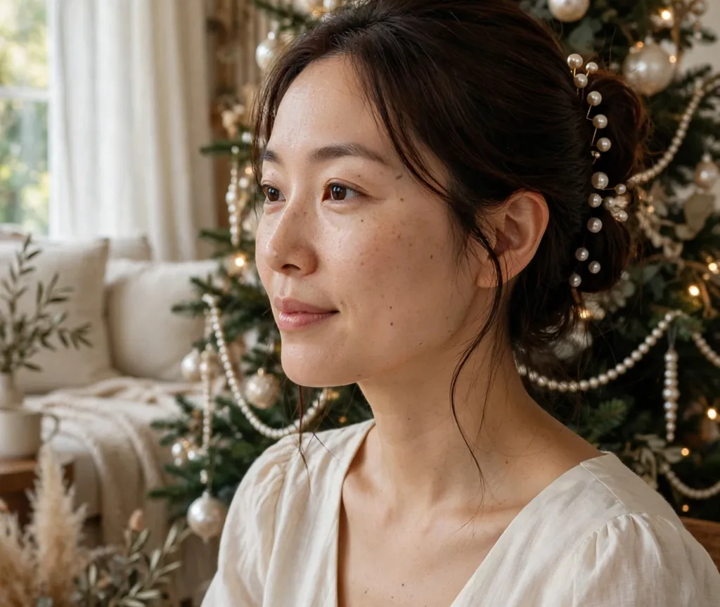 Pearl-pinned low bun Christmas party hairstyle