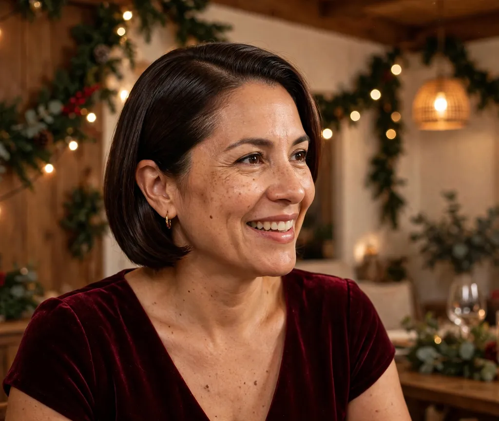 Sleek side-part bob hairstyle for Christmas party