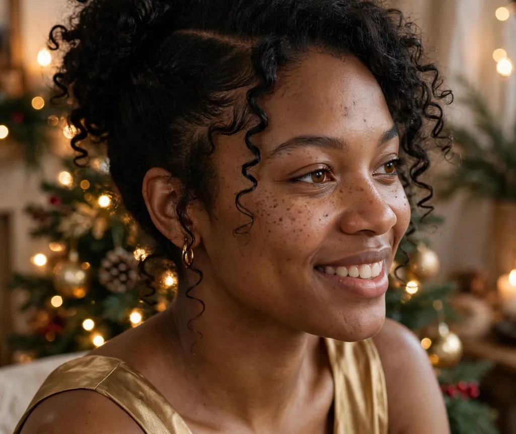 Curly updo with side part Christmas party hairstyle