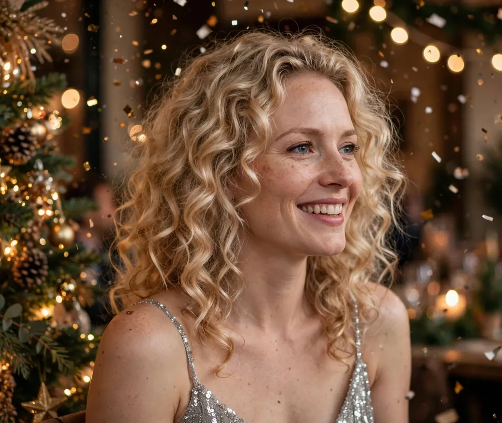 Champagne blonde celebration curls Christmas party hairstyle