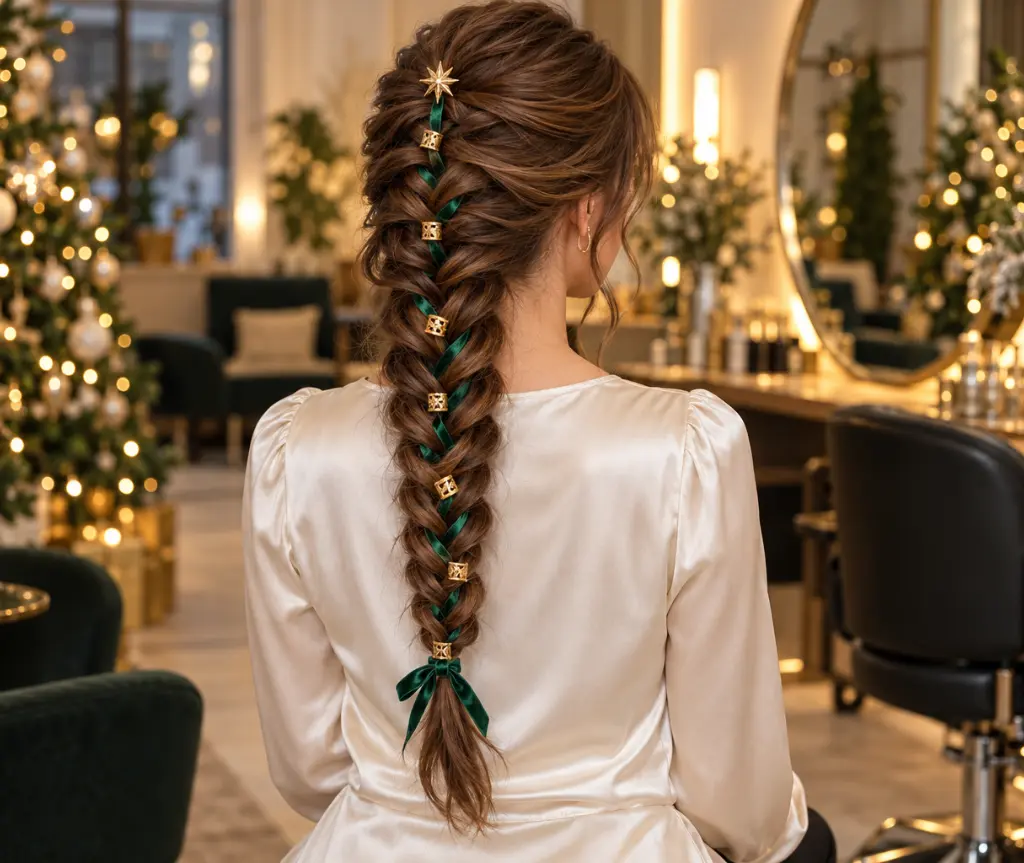 Christmas Tree Fishtail Braid with Gold Accents