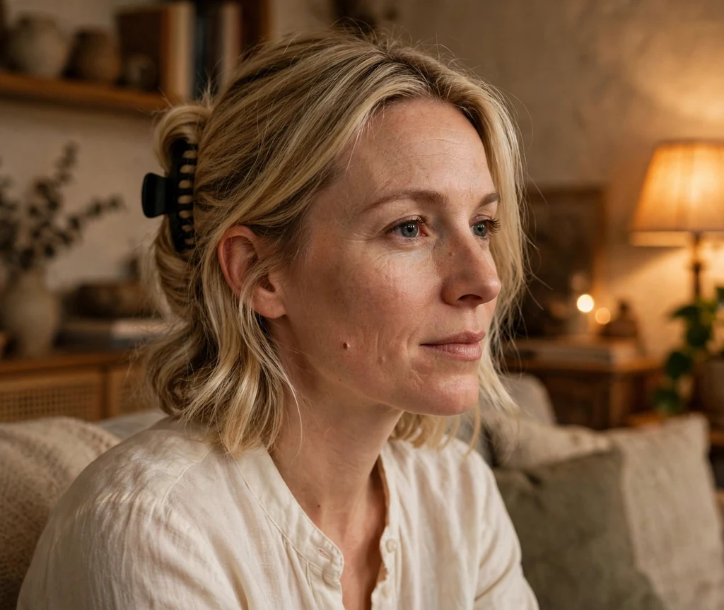 Blonde woman with shoulder-length hair in a classic French-style twist secured with a matte black claw clip, wearing a cream blouse in a cozy living room