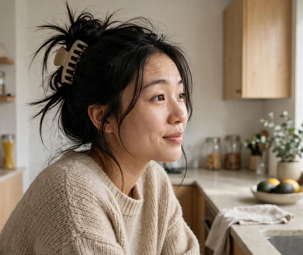 Young East Asian woman with long black hair in a loose messy bun held by a large beige claw clip, wearing an oversized sweater in a bright apartment kitchen