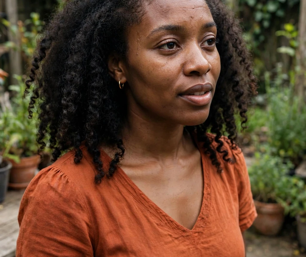 Black woman with dark coily hair styled half-up with a gold claw clip, wearing a rust-orange dress on a garden patio