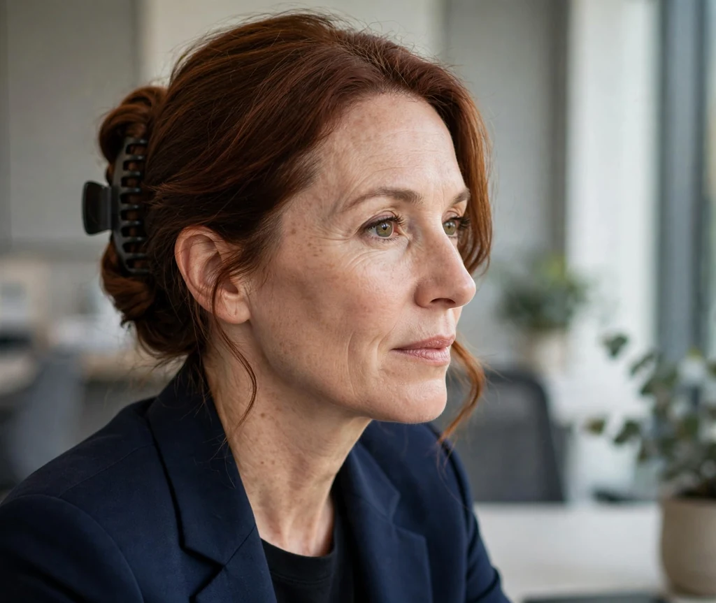 Elegant woman in her forties with medium auburn hair in a polished French twist held by a dark claw clip, wearing a navy blazer in a modern office
