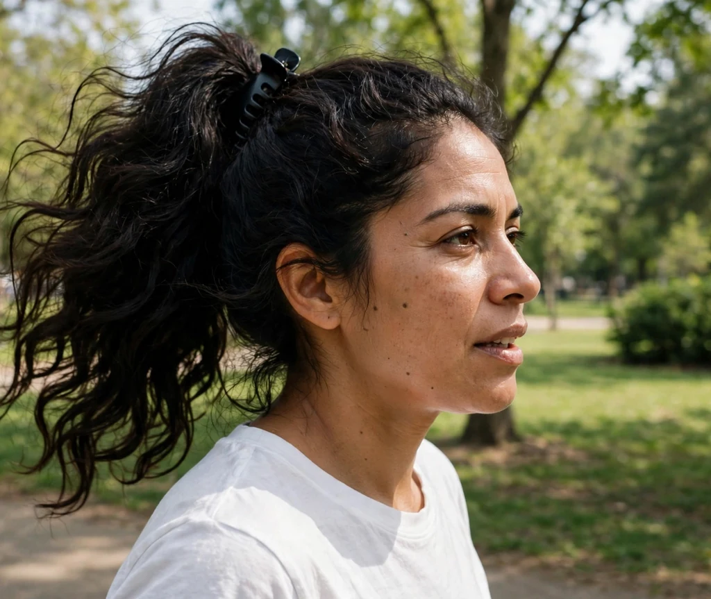 Latina woman with thick dark wavy hair in a high voluminous ponytail secured with a claw clip, wearing a white t-shirt in a sunny park