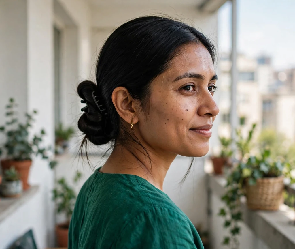 South Asian woman with long straight black hair in a sleek low twist fastened with a claw clip, wearing an emerald green top on a bright balcony
