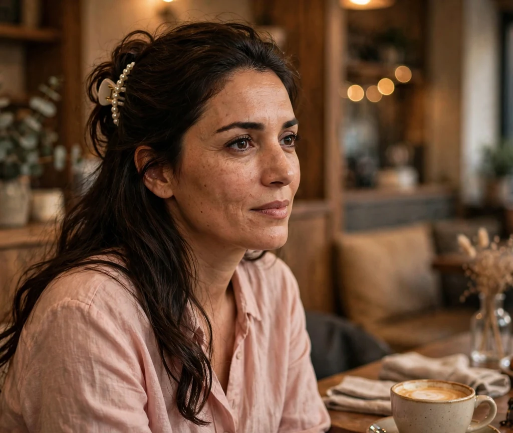 Middle Eastern woman with long dark brown hair swept to one side in a soft updo with a pearl claw clip, wearing a blush pink blouse in a cozy café