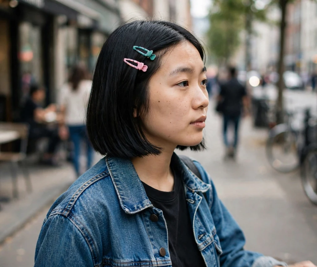 Young East Asian woman with a black bob styled with two small colorful claw clips on one side, wearing a denim jacket on a city street