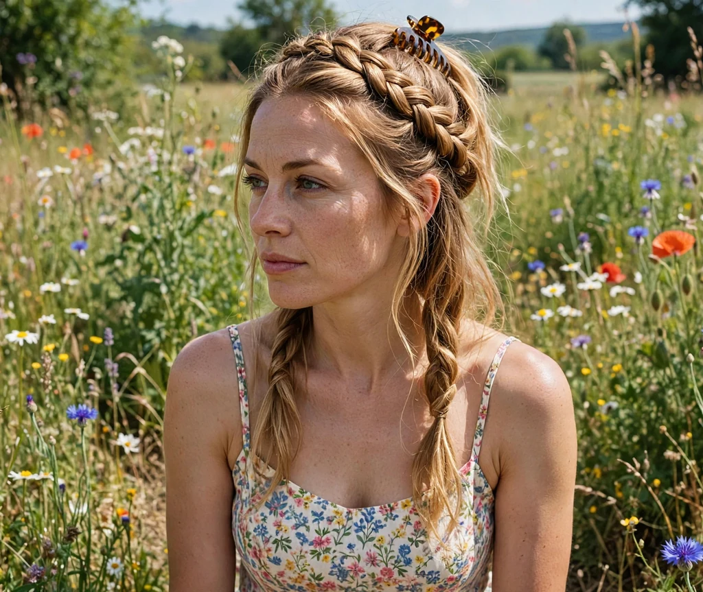 Woman with long honey-blonde hair in a braided crown pinned with a small claw clip, wearing a floral sundress in a sunny meadow