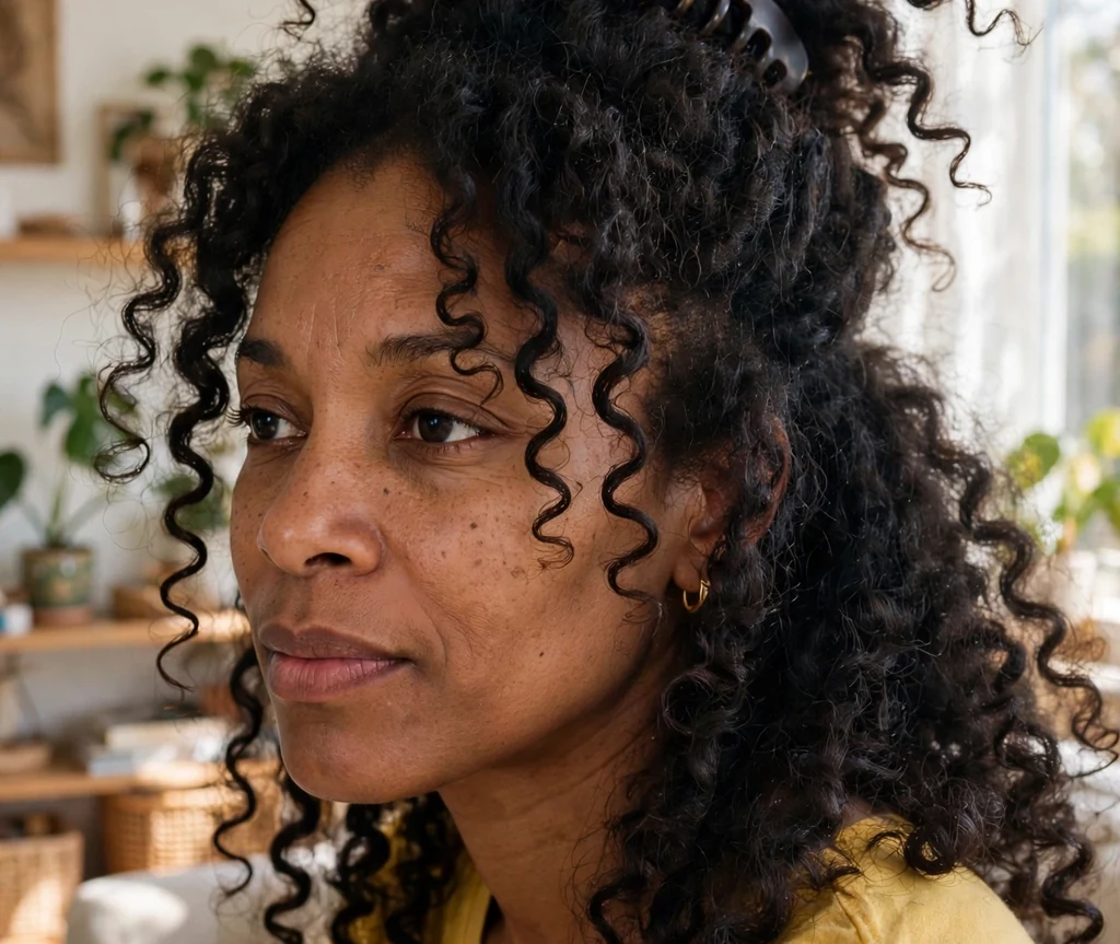 Black woman with natural curly hair gathered in a high pineapple updo secured with a claw clip, wearing a mustard yellow top in a bright living room