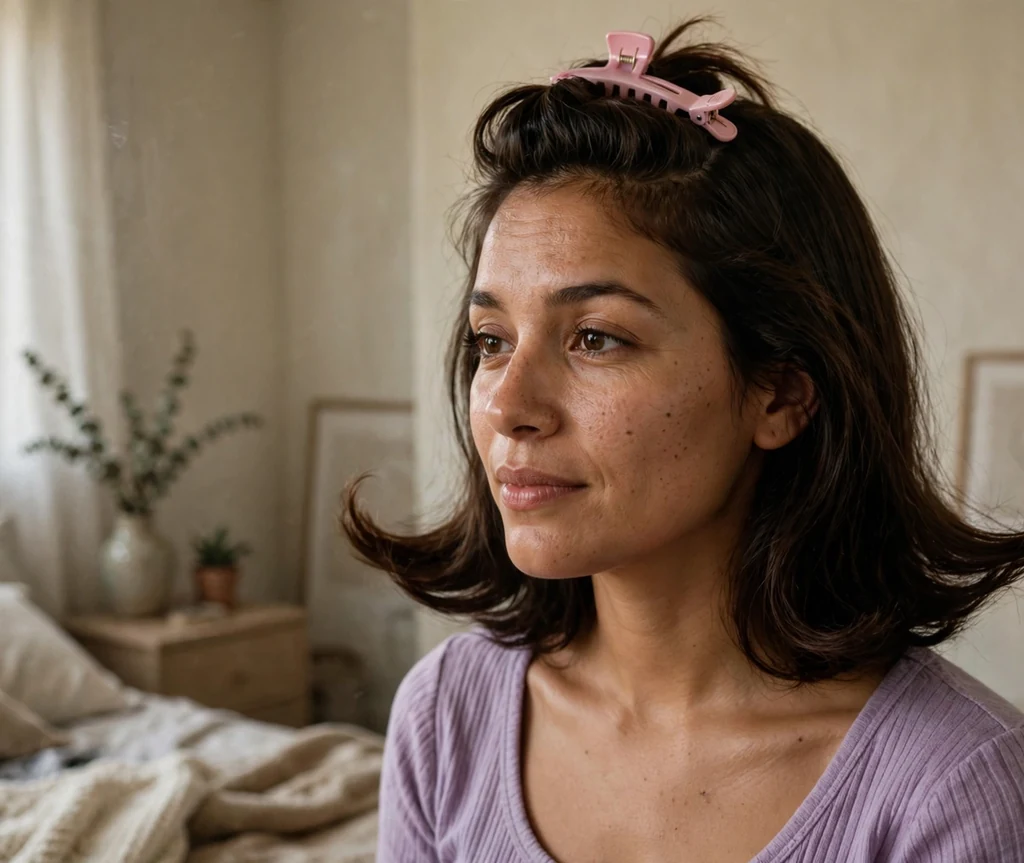 Latina woman with medium dark brown hair with flipped ends held up by a claw clip, wearing a lavender top in front of a bedroom mirror