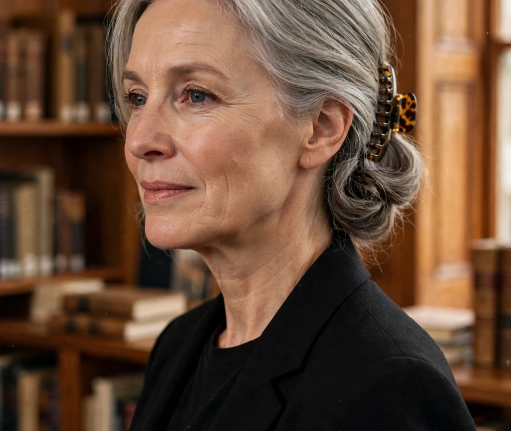 Woman in her fifties with silver-gray shoulder-length hair in a low chignon secured with a claw clip, wearing a black blazer in a library