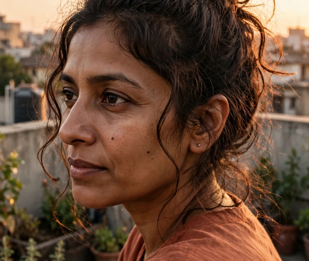 South Asian woman with dark brown wavy hair in a textured top knot secured with a claw clip, wearing a terracotta top on a rooftop terrace