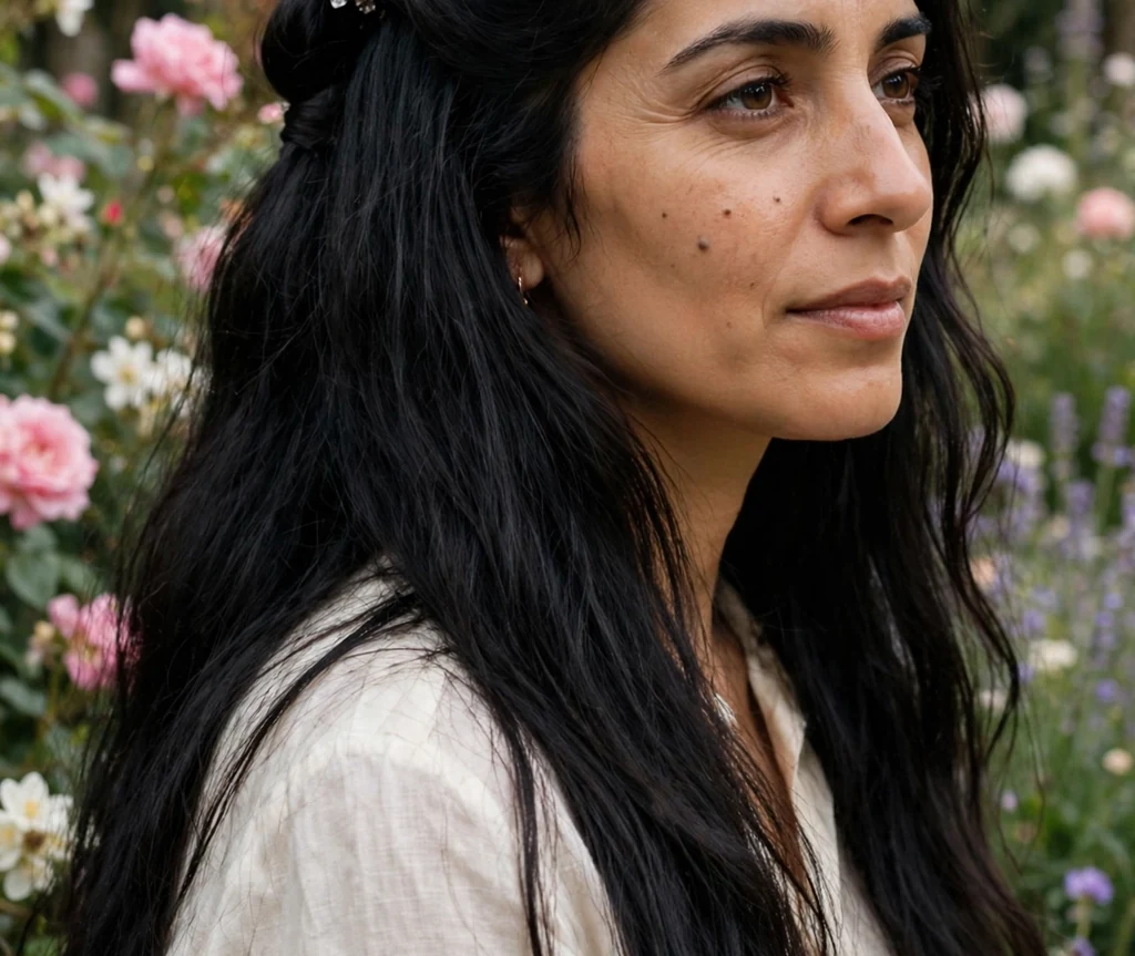 Middle Eastern woman with long black hair in a cascading waterfall twist fastened with a claw clip, wearing an ivory blouse in a blooming garden