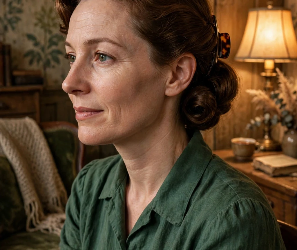 Woman with chestnut medium-length hair in a vintage Gibson tuck secured with a claw clip, wearing a forest green dress in a vintage-style interior