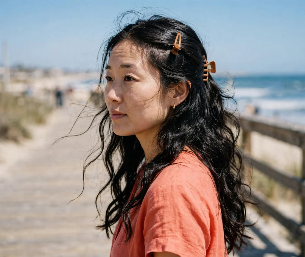 East Asian woman with long black loose waves partially clipped back with a small claw clip, wearing a coral top on a beach boardwalk