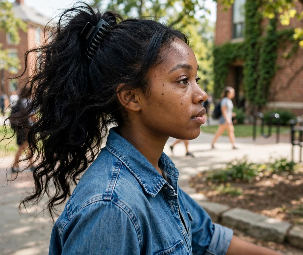 Black woman with long hair in a high voluminous ponytail held by a claw clip, wearing a denim shirt on a college campus