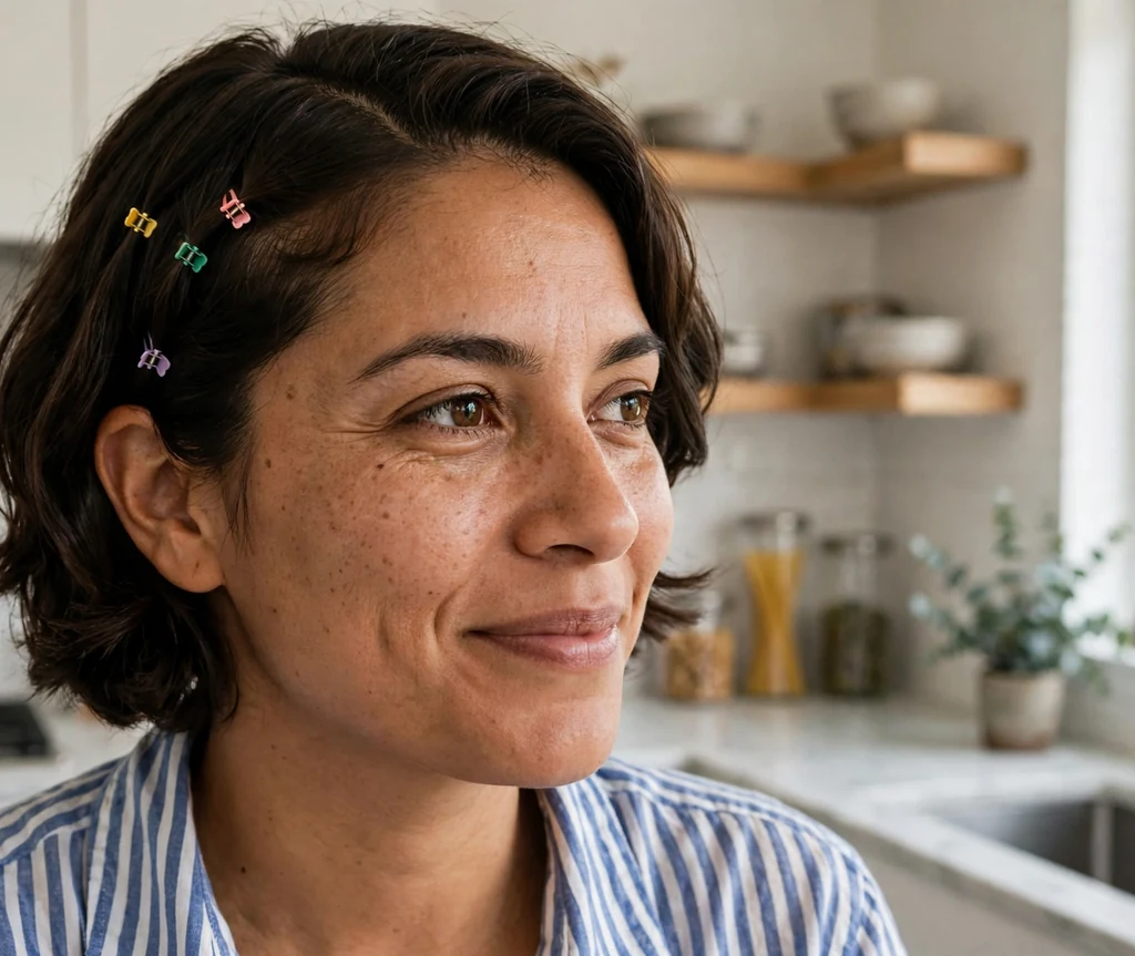 Latina woman with a dark brown lob decorated with several mini claw clips, wearing a striped shirt in a bright kitchen