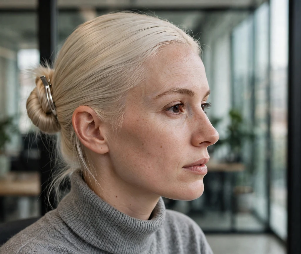 Woman with platinum blonde straight hair in a sleek twist secured with a claw clip, wearing a gray turtleneck in a modern office
