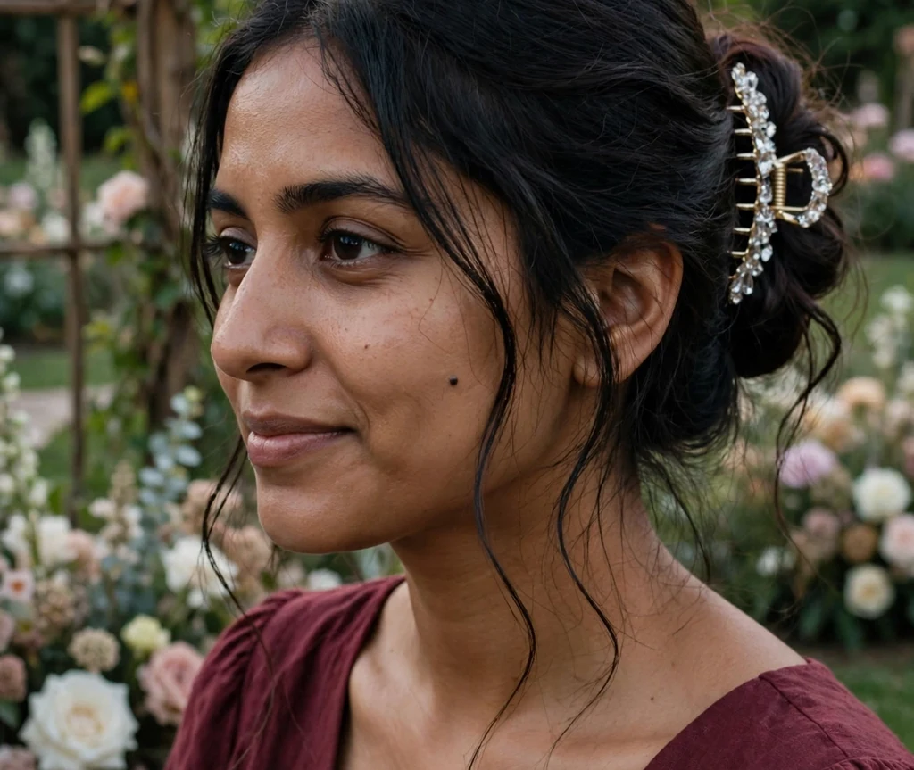 South Asian woman with long dark hair in a romantic loose bun with a jeweled claw clip, wearing a maroon dress in a wedding venue garden