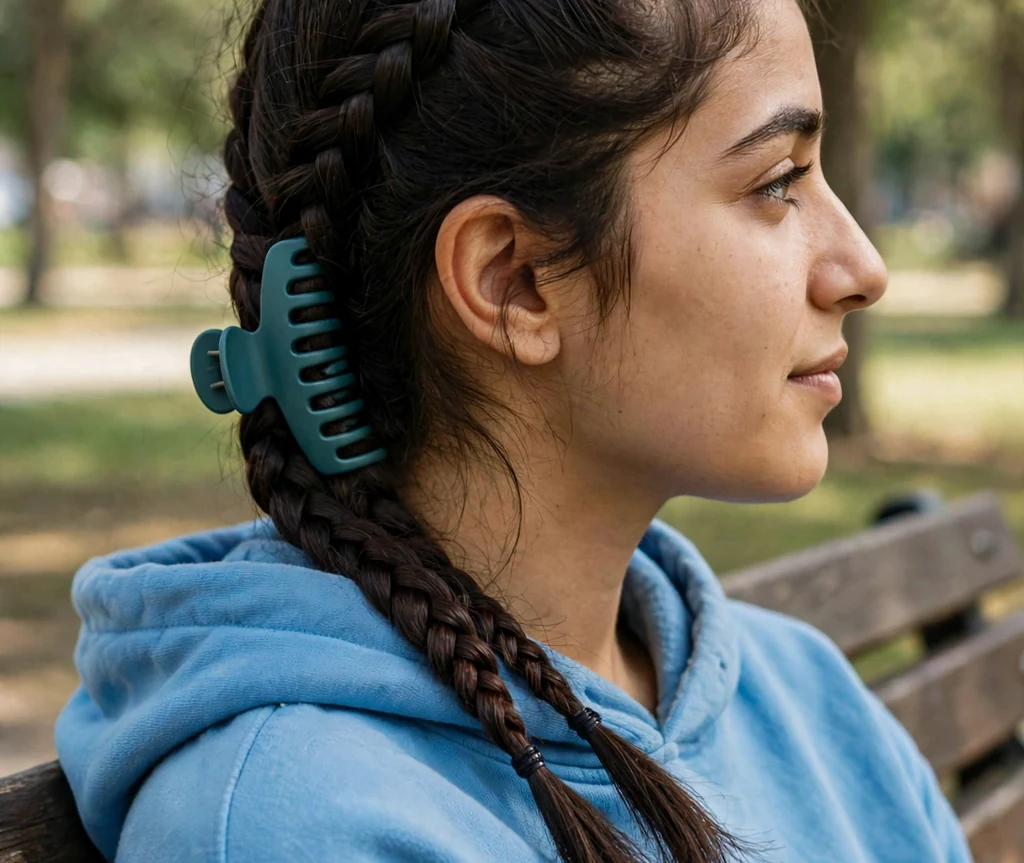 Middle Eastern woman with dark brown hair in double French braids gathered into a claw clip, wearing a sky blue hoodie on a park bench