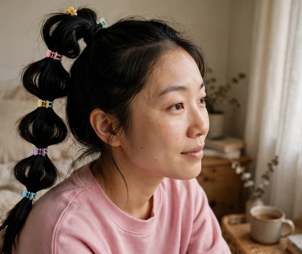 East Asian woman with long black hair in a bubble ponytail accented with small claw clips, wearing a pink sweatshirt in a cozy bedroom