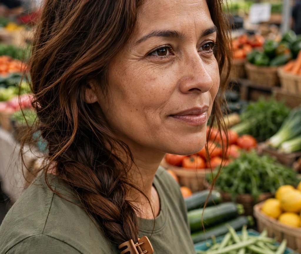 Latina woman with long chestnut hair in a loose side braid finished with a claw clip, wearing an olive green top at a farmers market