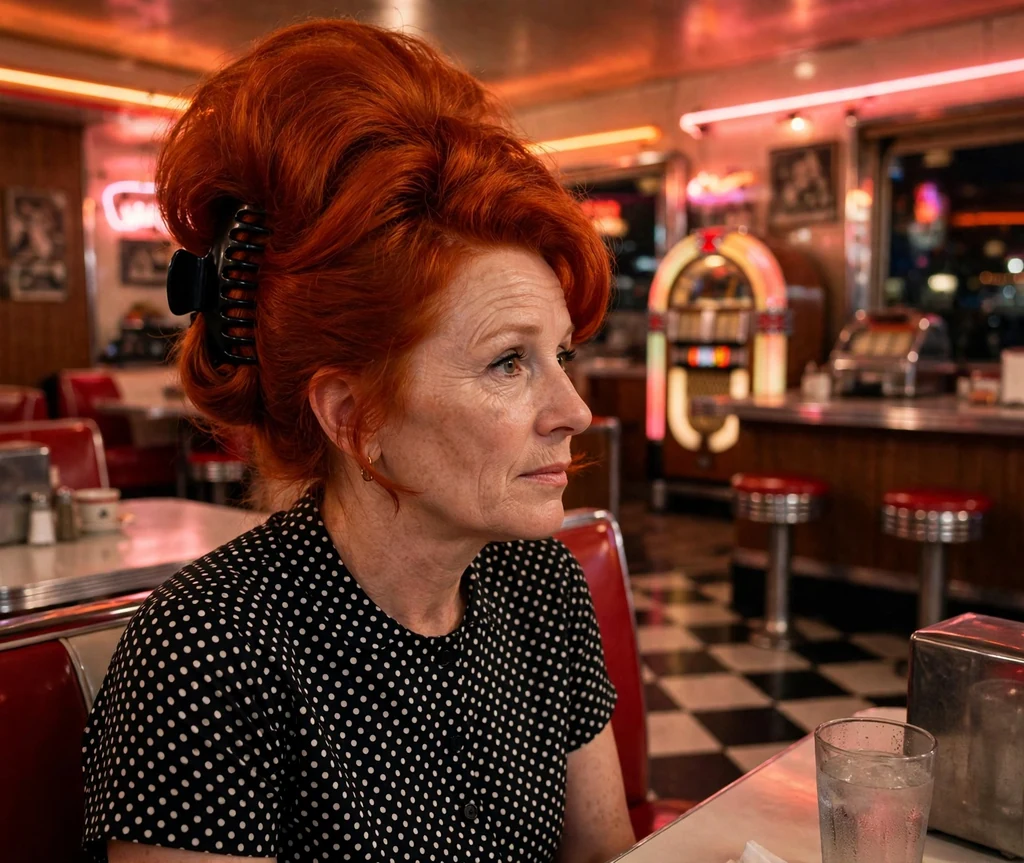 Woman in her forties with red hair in a vintage beehive updo held with a claw clip, wearing a polka dot dress in a retro diner