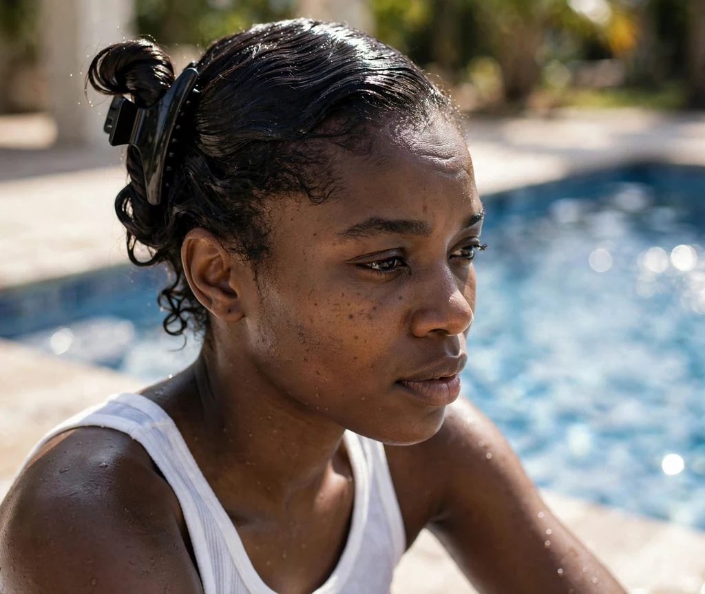 Black woman with short natural hair in a wet-look twist secured with a claw clip, wearing a white tank top by a swimming pool