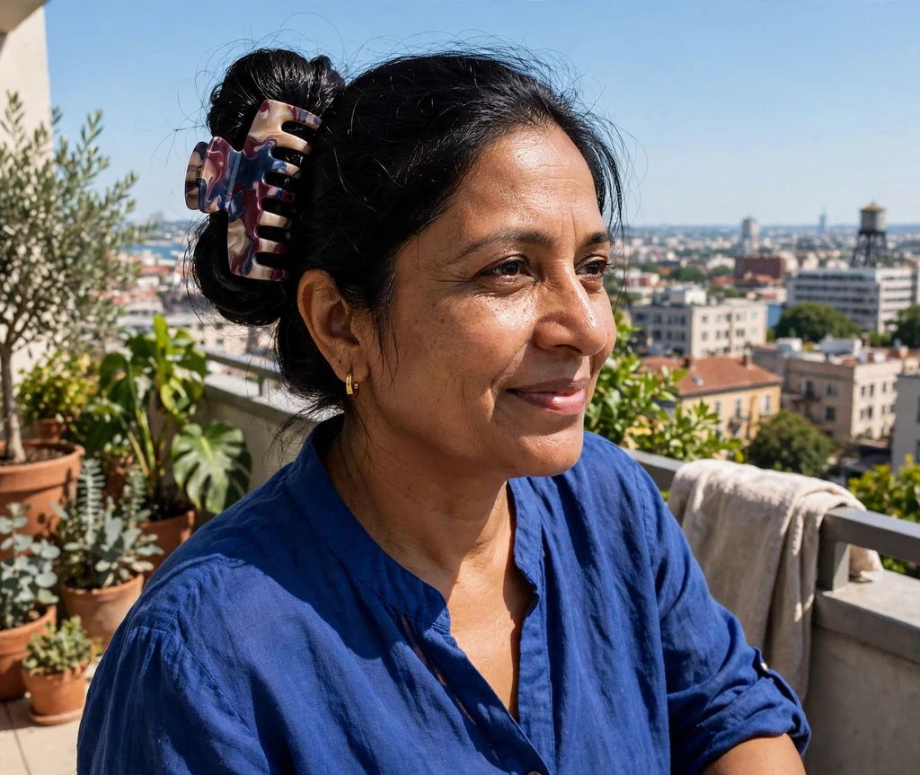South Asian woman in her forties with black hair in a chunky statement bun with an oversized claw clip, wearing a royal blue blouse on a sunny terrace