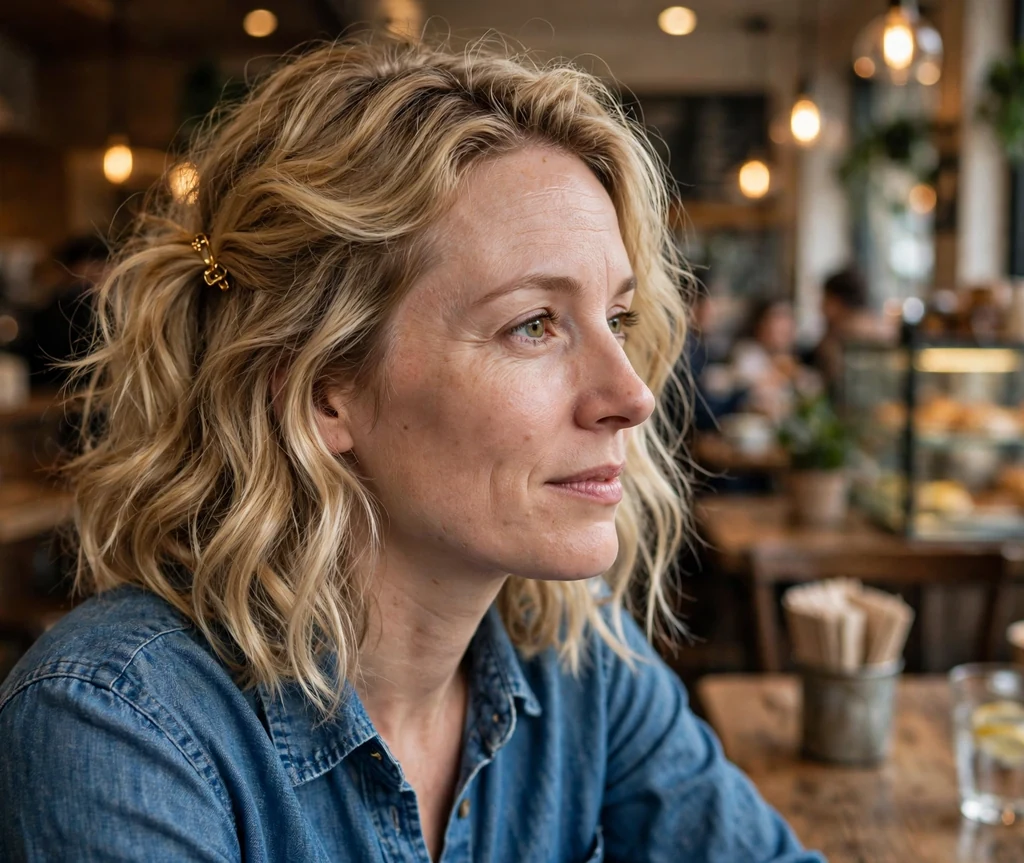 Woman with a blonde wavy lob half-pinned with a claw clip, wearing a chambray shirt in a coffee shop