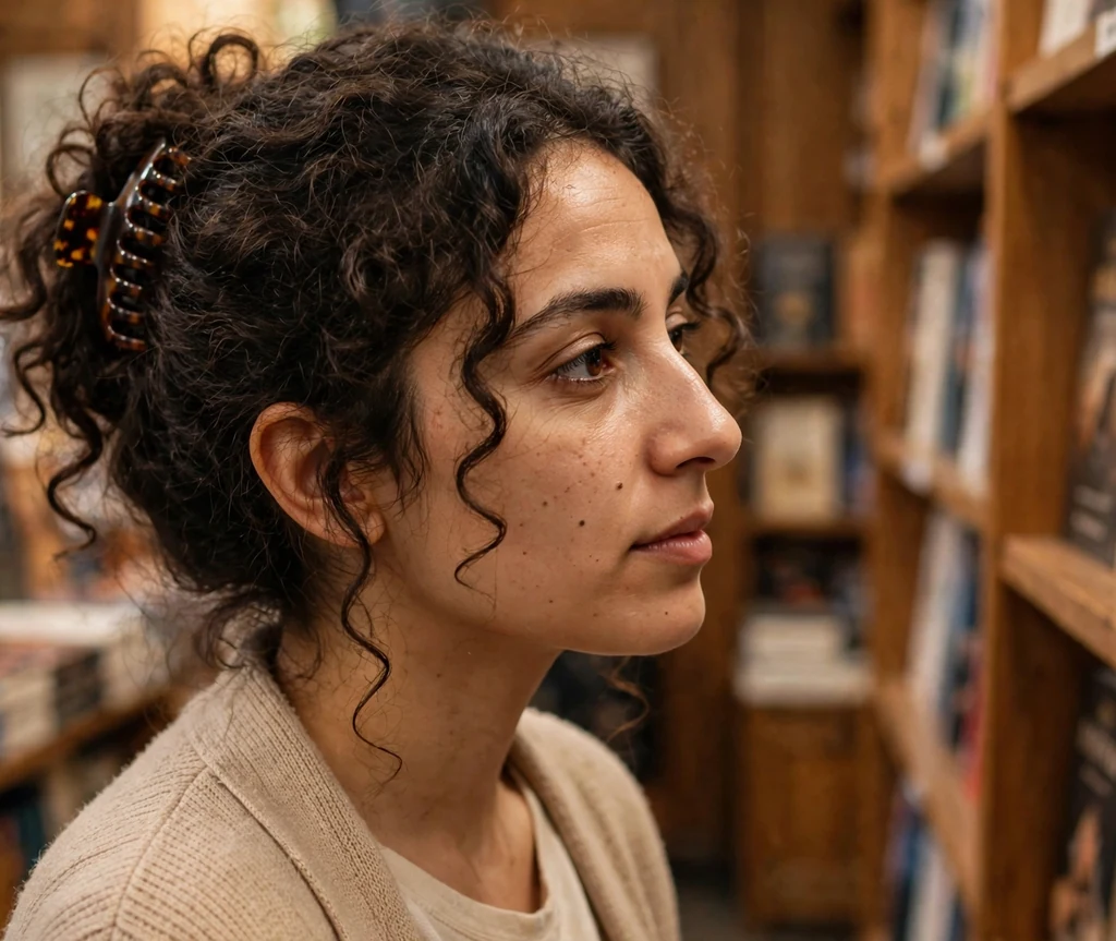 Middle Eastern woman with dark brown curly hair in a casual updo with a tortoiseshell claw clip, wearing a beige cardigan in a bookstore