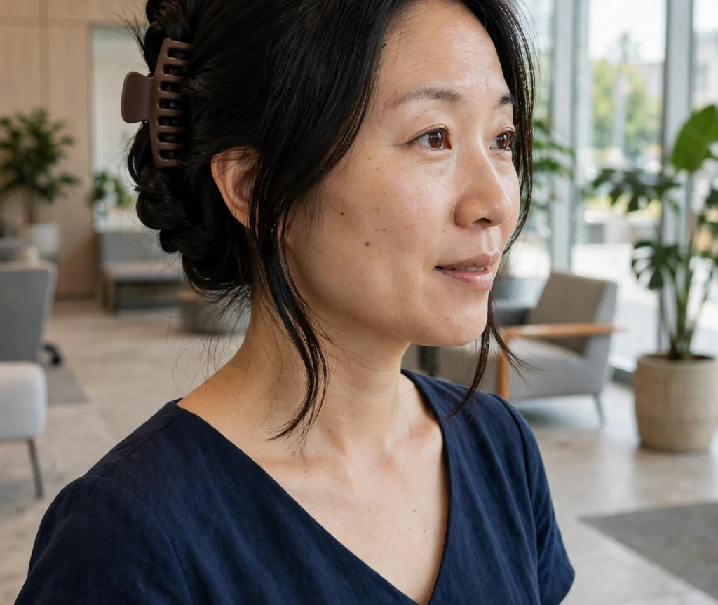 East Asian woman with black medium-length straight hair in a twist-and-tuck style secured with a claw clip, wearing a navy dress in an office lobby