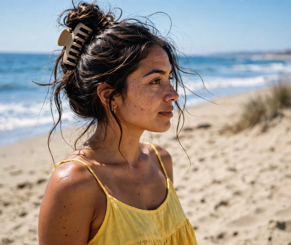 Latina woman with long dark brown hair in a high bun secured with a claw clip, wearing a yellow sundress on a sandy beach