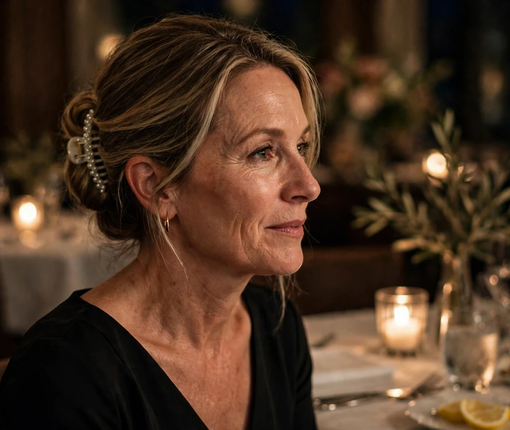 Woman in her late forties with dark blonde hair in an elegant evening updo with a pearl claw clip, wearing a black evening dress in a restaurant