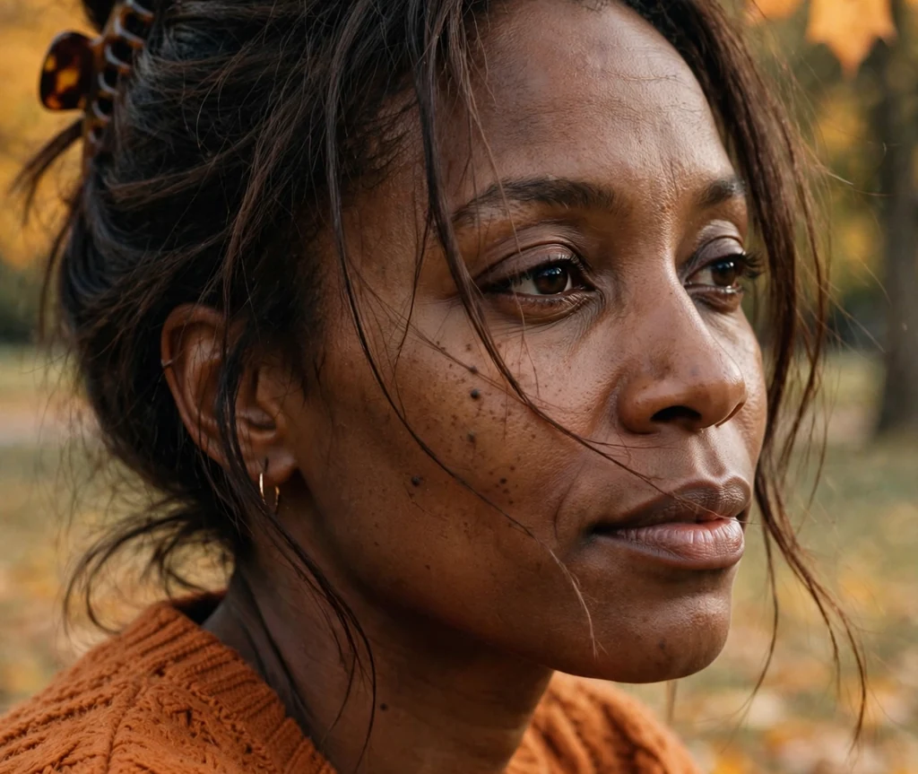 Black woman in her early thirties with dark brown hair in a messy bun with soft face-framing pieces and a claw clip, wearing a burnt orange sweater in an autumn park