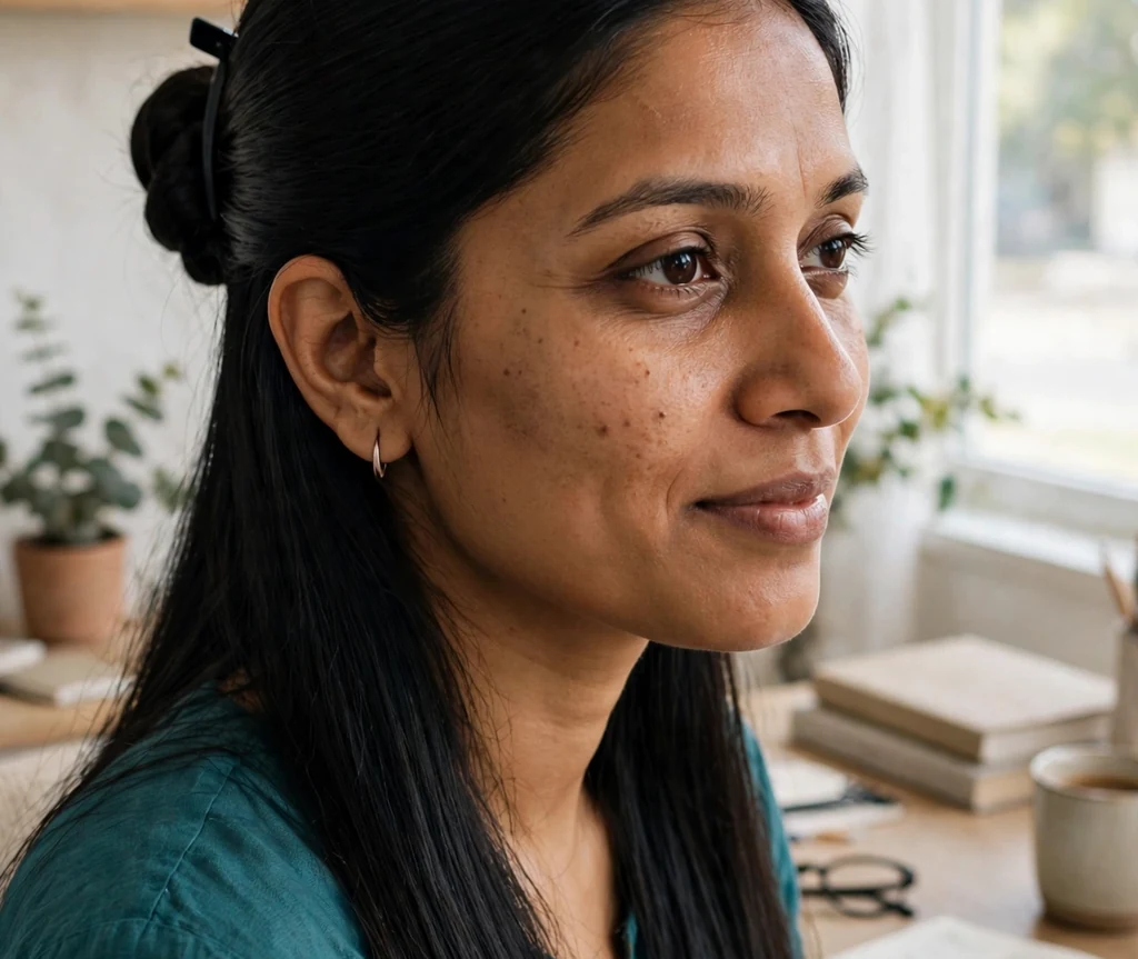 South Asian woman with long black hair in a sleek center-part twist secured with a claw clip, wearing a teal top in a home office