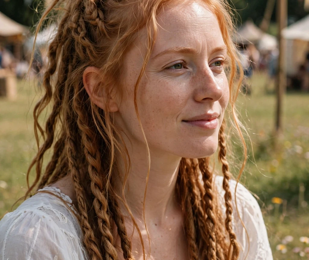 Young Caucasian woman with long strawberry blonde hair in a loose boho twist with a claw clip, wearing a white boho dress in a festival field