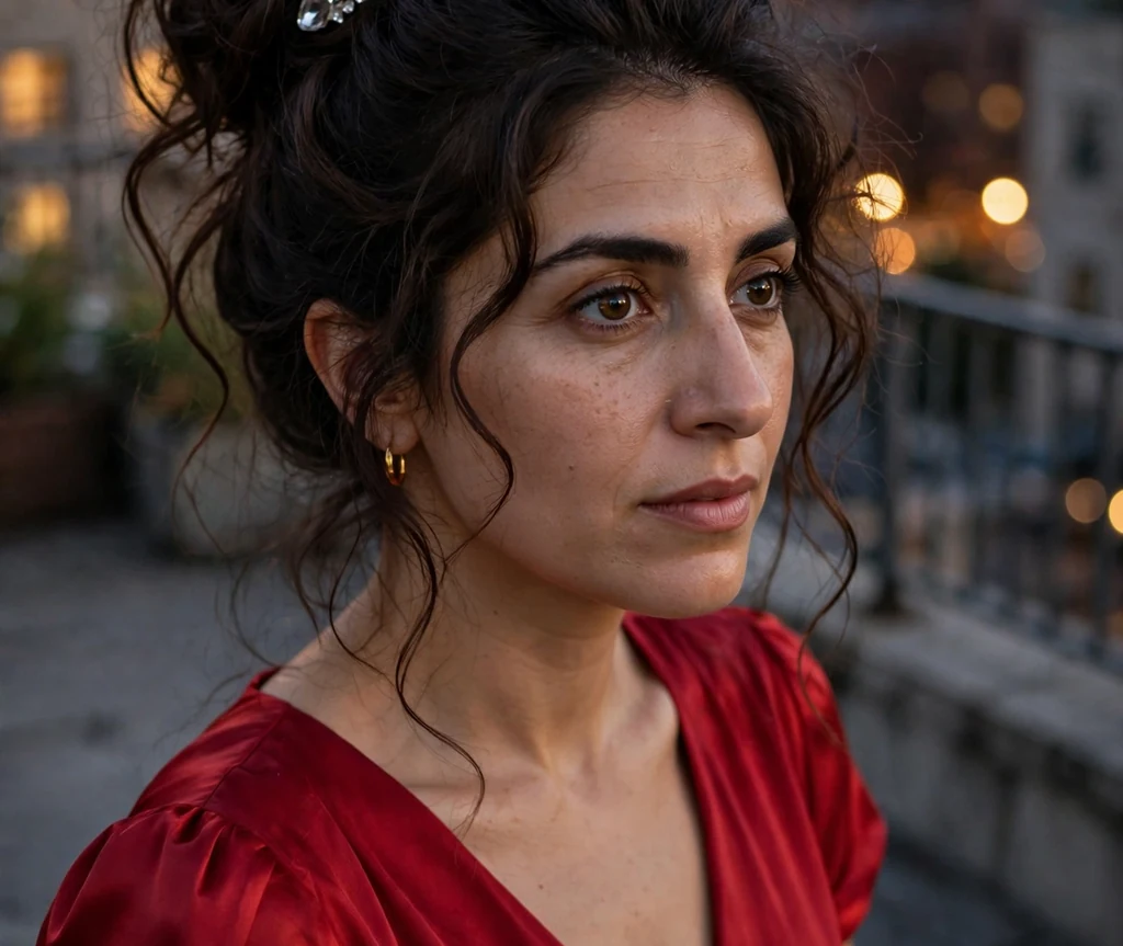Middle Eastern woman in her early thirties with voluminous dark brown hair in a glamorous night-out updo with a crystal claw clip, wearing a red dress on an evening rooftop