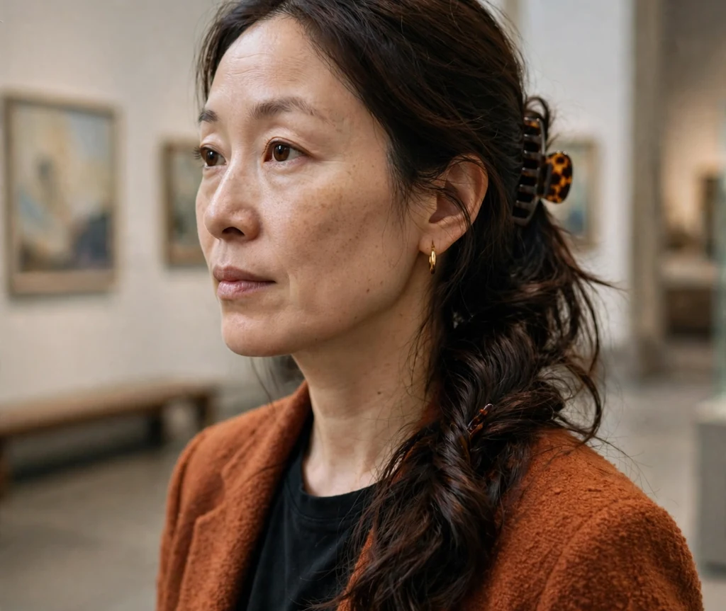 East Asian woman in her late thirties with long dark brown hair in a twisted side ponytail secured with a claw clip, wearing a rust blazer in a museum