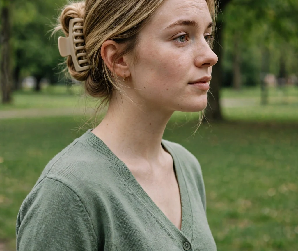 Young Caucasian woman with dirty blonde medium hair in a low rolled updo with a claw clip, wearing a sage cardigan in a park