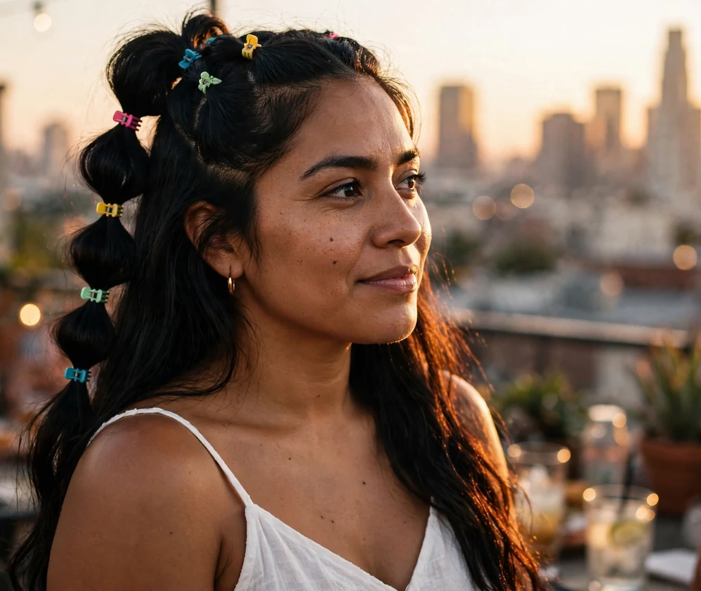 Latina woman in her late twenties with long black hair in a half-up bubble style with mini claw clips, wearing a white sundress at a rooftop party