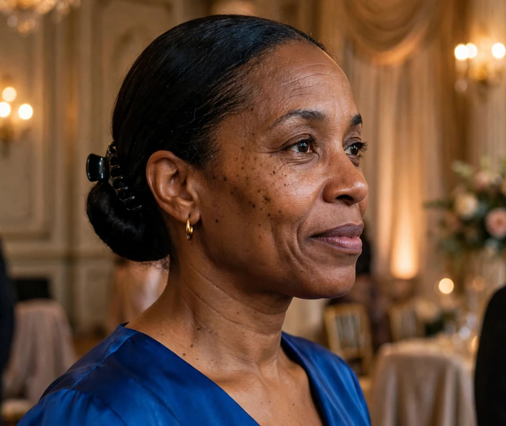 Black woman in her mid forties with dark hair in a sleek wrapped bun secured with a claw clip, wearing a cobalt dress in an event hall