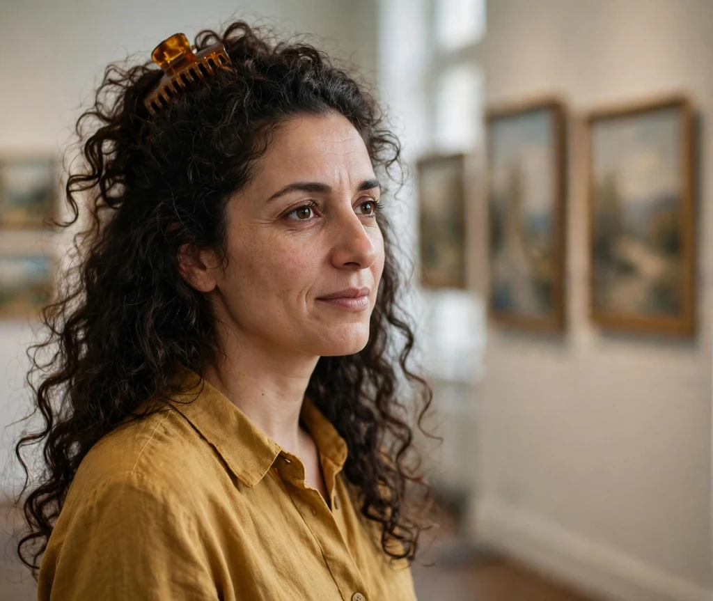 Middle Eastern woman in her early thirties with dark brown curly hair half-pinned with a claw clip, wearing a mustard blouse in an art gallery